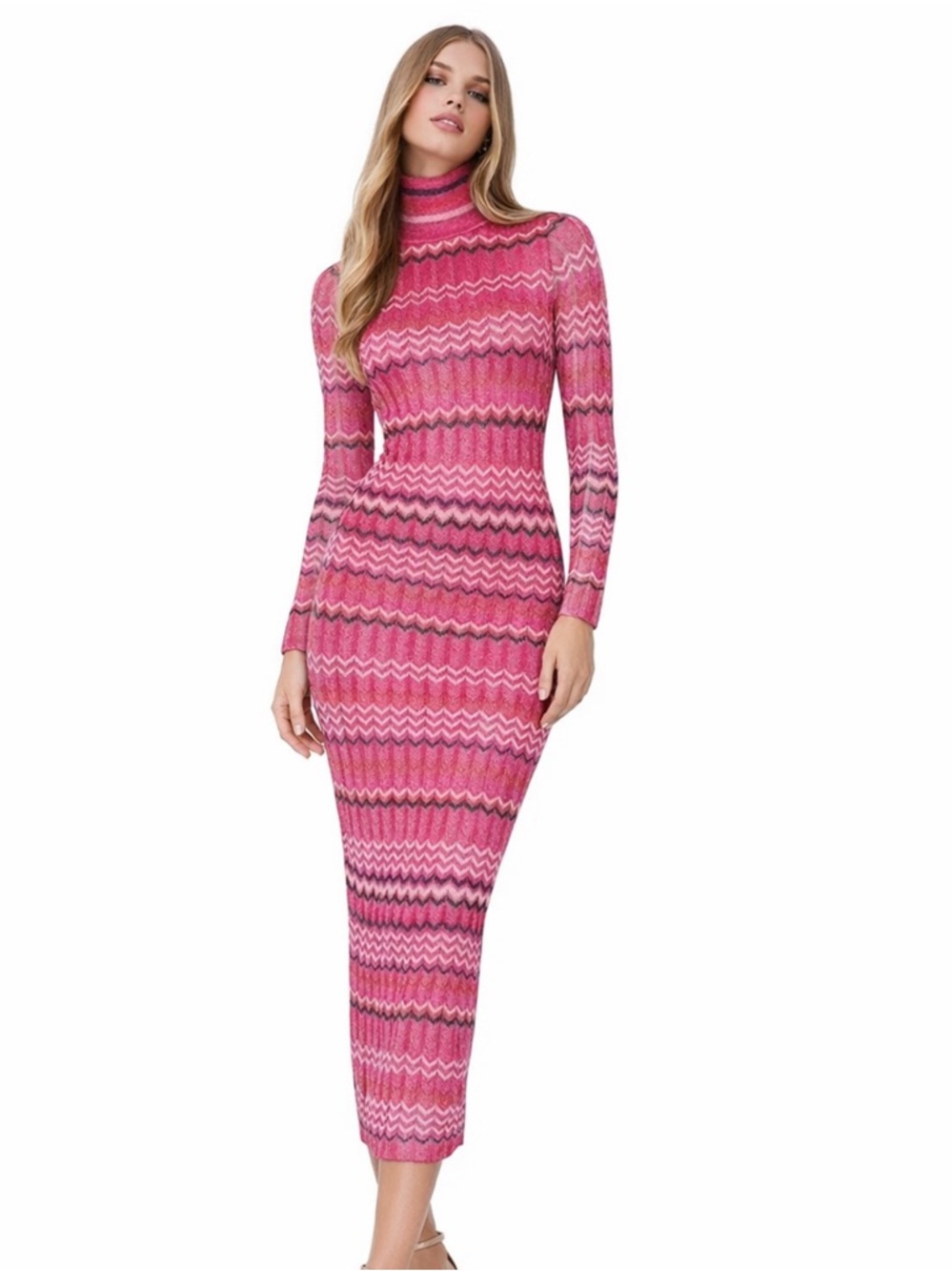 KAREN MILLEN Patterned Sparkle Knit Roll Neck Jacquard Midi Dress Pink Size XS